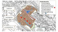 Kartendarstellung des Gewerbegebiets Riedemann-Reiher-Straße mit Symbolen für die Betroffenheit von Starkregen und Hitze sowie Versiegelungsgrad und Grünversorgung 