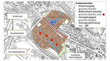 Kartendarstellung des Gewerbegebiets Riedemann-Reiher-Straße mit Symbolen für die Betroffenheit von Starkregen und Hitze sowie Versiegelungsgrad und Grünversorgung 