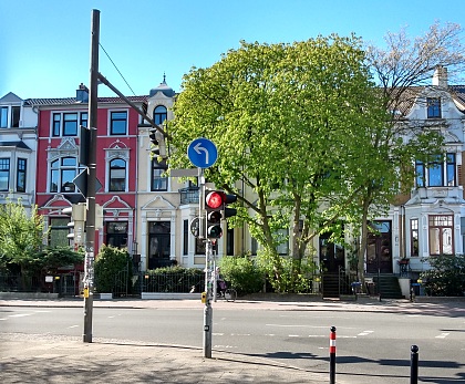 The image shows an intersection, traffic light, tree and houes. 