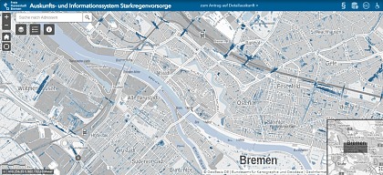 Das Bild zeigt ein Bildschirmfoto des Auskunfts- und Informationssystem Starkregenvorsorge. Quelle: SKUMS